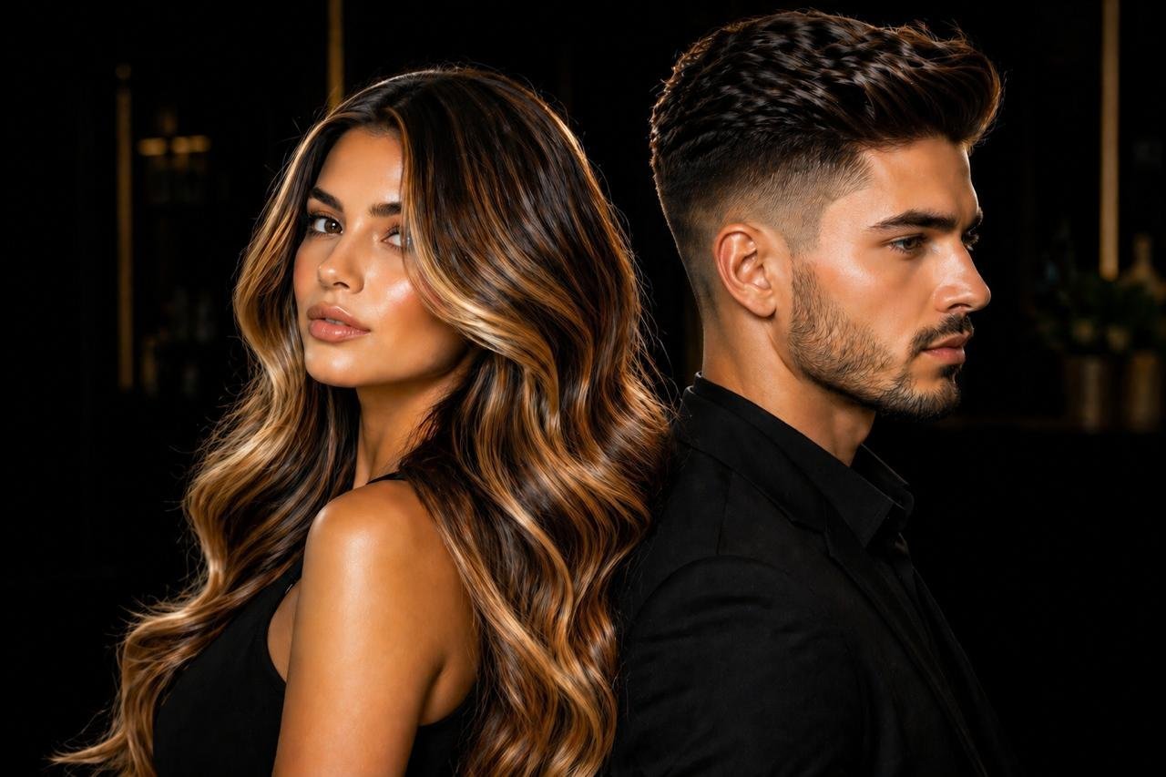 Hombre y mujer posando espalda con espalda contra fondo oscuro con iluminación dorada dramática